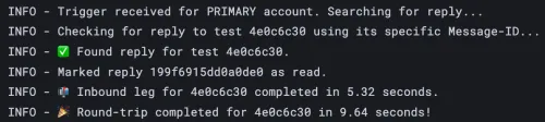 MailMon log excerpt finding reply message and calculating RTT